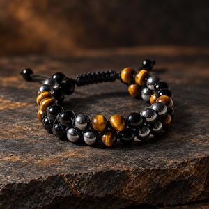 May include: A double-strand beaded bracelet featuring alternating round tiger eye, polished black, and metallic grey beads. The bracelet is secured with a black cord featuring an adjustable sliding knot closure mechanism.