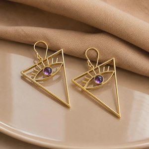 Pendientes de amatista con ojo turco, pendientes colgantes triangulares dorados, joyería de amatista, pendientes geométricos llamativos, regalo bohemio para ella.