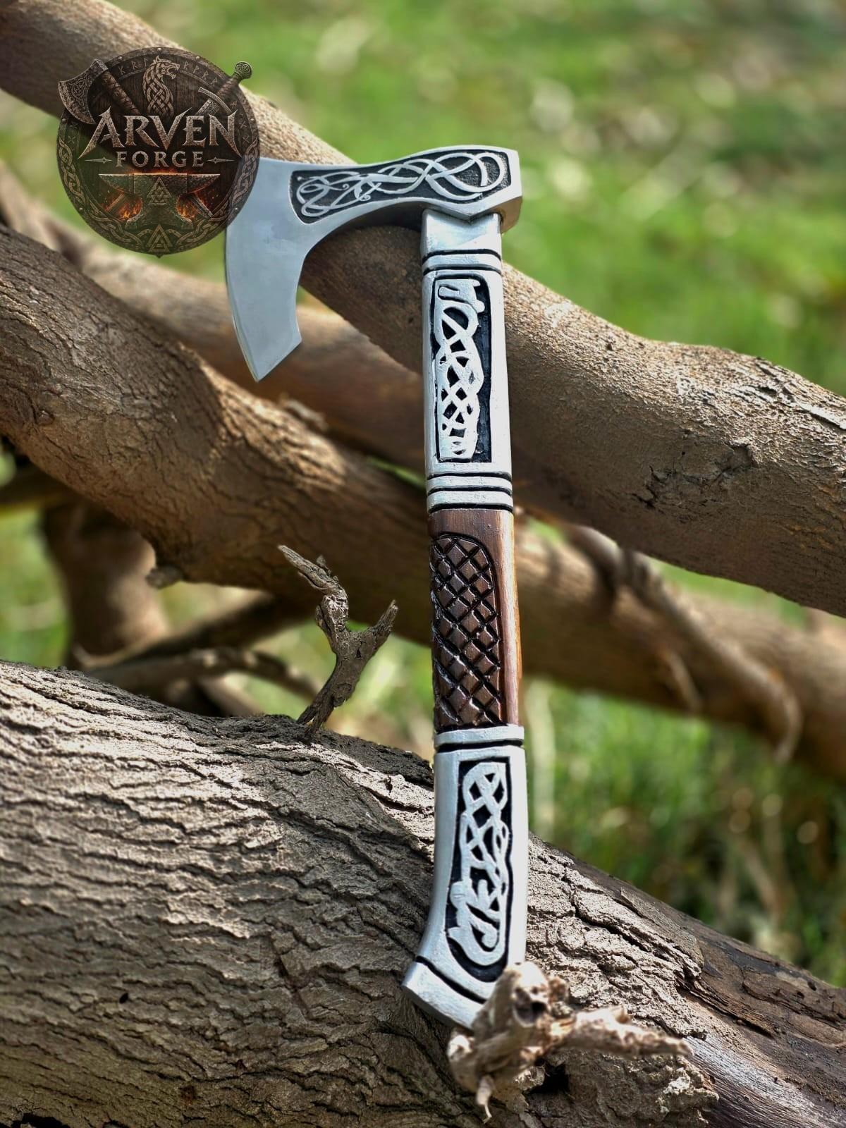 Handmade Viking Bearded Hatchet Valhalla Axe,Engraved Steel Head & Carved Wood Handle