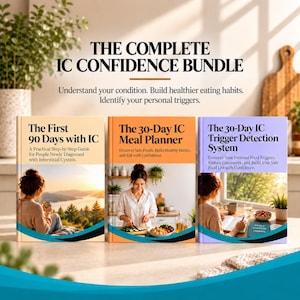 May include: A three-book set titled The Complete IC Confidence Bundle. The books are The First 90 Days with IC, The 30-Day IC Meal Planner, and The 30-Day IC Trigger Detection System. Each book features a unique cover image and descriptive text.