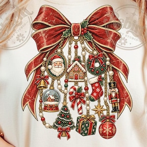 Vintage Christmas Bow PNG, Retro Christmas Charms PNG, Santa Gingerbread Nutcracker Design, Christmas Ornament Sublimation PNG