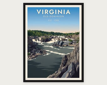 Puede incluir: Una lámina artística enmarcada con una ilustración paisajística de un río que fluye a través de un terreno rocoso. El texto dice VIRGINIA OLD DOMINION EST. 1788. La escena incluye rocas grises, rápidos de agua blanca y cielo azul.
