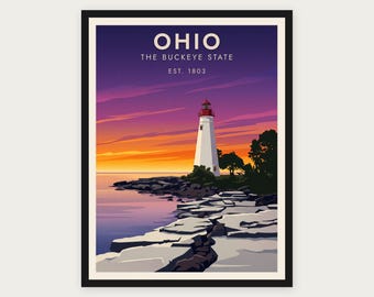 Puede incluir: Una lámina artística enmarcada que muestra un faro en una costa rocosa al atardecer. El cielo cambia de violeta intenso a naranja. El texto dice: OHIO, THE BUCKEYE STATE, EST. 1803. La escena incluye árboles oscuros y formaciones rocosas.