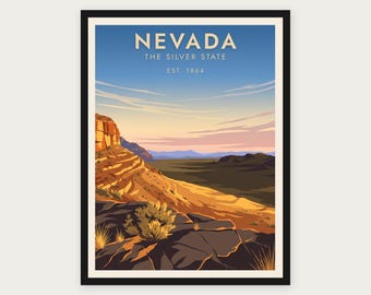 Puede incluir: Un póster de viaje enmarcado que muestra un paisaje desértico en Nevada. El texto dice NEVADA, THE SILVER STATE, EST. 1864. La escena representa acantilados rocosos, vegetación desértica dispersa y montañas lejanas bajo un cielo azul y rosa.