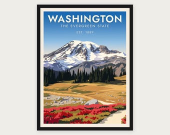 Puede incluir: Un póster de viaje enmarcado que muestra un pico nevado sobre un bosque de pinos verde oscuro, un prado dorado y un primer plano de flores silvestres rojas. El texto dice WASHINGTON THE EVERGREEN STATE EST. 1889 en blanco.