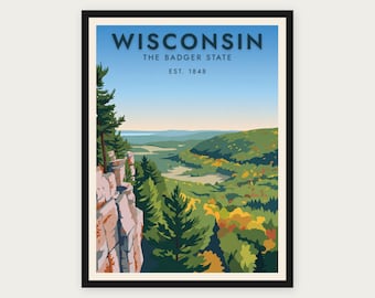 Puede incluir: Un póster enmarcado con una ilustración paisajística de Wisconsin. El texto dice WISCONSIN THE BADGER STATE EST. 1848. La imagen muestra un acantilado rocoso con pinos que domina un valle con follaje de colores verde y amarillo.