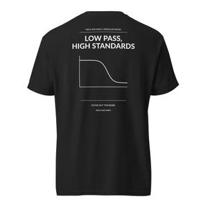 Puede incluir: Una camiseta negra de manga corta con texto blanco y un gráfico en la parte posterior. El texto dice: RACK AND WAVE // MODULAR GOODS, LOW PASS, HIGH STANDARDS, FILTER OUT THE NOISE, RACK AND WAVE. Un gráfico de líneas blanco muestra una curva.