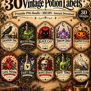 Puede incluir: Una colección digital de 30 etiquetas de pociones vintage con bordes ornamentados e ilustraciones que incluyen un gato negro, una calavera, una calabaza, un corazón y un búho. Cada etiqueta muestra un texto único como Shadow Ink.