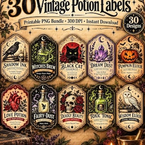 Potion Labels PNG, 30 Vintage Apothecary Designs, 300 DPI Halloween Download