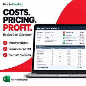 Puede incluir: Una pantalla de portátil que muestra una hoja de cálculo Recipe Cost Calculator para Microsoft Excel. La interfaz muestra campos para el nombre de la receta, el rendimiento del lote y los costes de los ingredientes, con totales calculados.