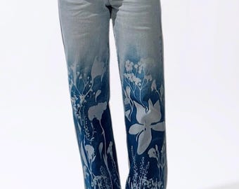 Cyanotype Printed Jeans - Florals