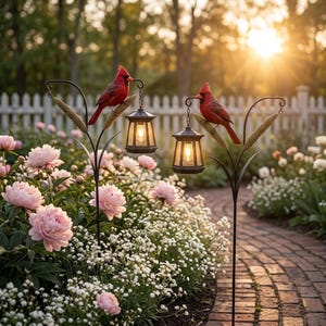 Op de afbeelding: Twee zwarte metalen tuinpalen, elk voorzien van een rood kardinaalvogelbeeldje op een decoratieve tak naast een hangende lantaarn. De lantaarns bevatten warm gloeiende lampjes en de palen staan in een tuin met roze pioenrozen.