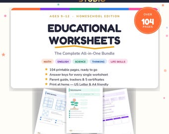Homeschool Worksheets Ages 9-12 | Math, English, Science, Life Skills Bundle (104 Pages)
