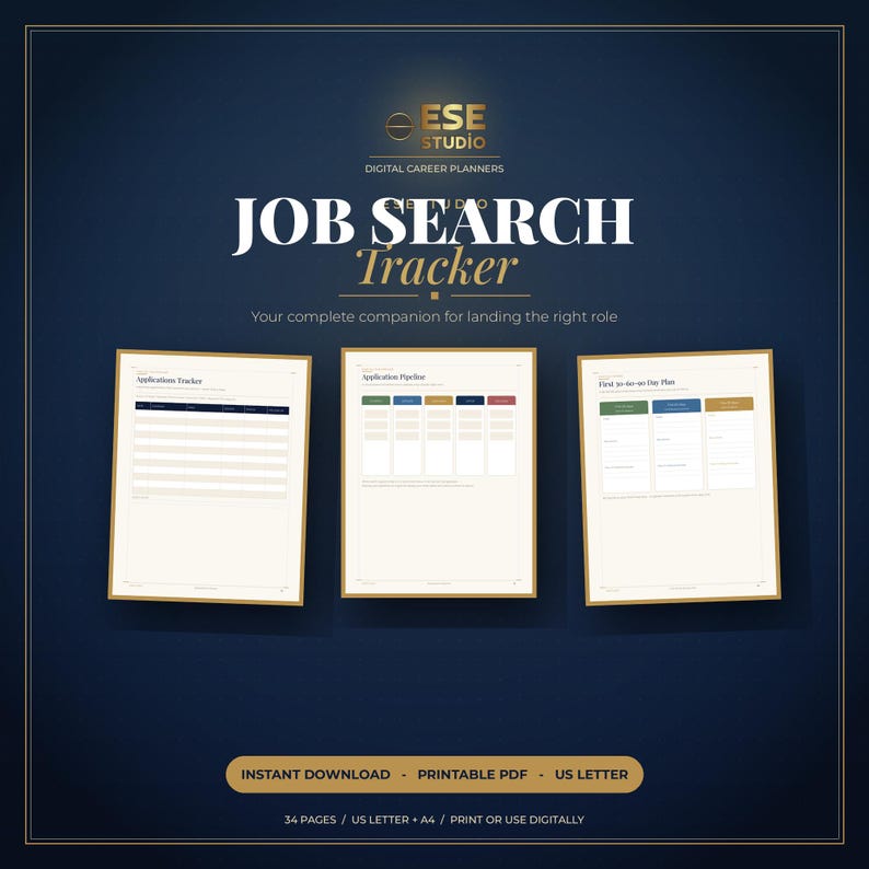 May include: A digital job search tracker planner with three page previews showing an applications tracker, application pipeline, and 30-60-90 day plan. The dark blue background features the text ESE STUDIO DIGITAL CAREER PLANNERS JOB SEARCH TRACKER.