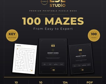 100 Mazes Printable Puzzle Book for Adults & Kids, Easy to Expert Maze Book PDF, 10 Themed Chapters, Instant Download Activity Pages