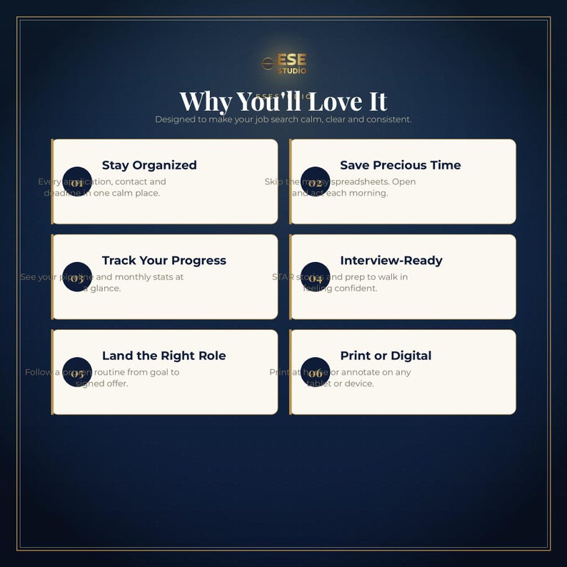 May include: A dark blue informational graphic titled Why You'll Love It, featuring six numbered white rectangular boxes. The text lists benefits including Stay Organized, Save Precious Time, Track Your Progress, Interview-Ready, Land the Right Role, and Print or Digital.