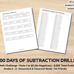 May include: Two white sheets of paper featuring maths exercises titled Daily Subtraction Challenge (1-20) with blank boxes for answers, and a corresponding answer key sheet. The text includes US Letter Size, Answer Keys Included, and Instant Download.