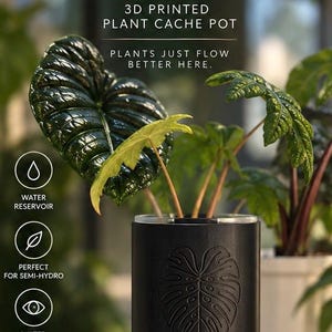 May include: A black 3D printed plant cache pot featuring an embossed monstera leaf design and the word flow. The pot includes a water reservoir, a water level view feature, and a plant-inspired design. Text on the image reads: flow, 3D printed plant cache pot, plants just flow better here, water reservoir, perfect for semi-hydro, water level view, plant inspired modern design, print, plant, grow, repeat.