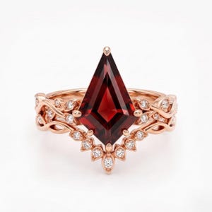 Kite Cut Lab Created Ruby 2.65 Cts Rose Gold Vine Moissanite Ring Set
