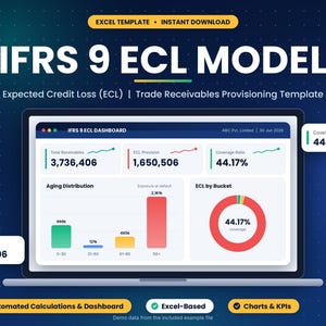 Op de afbeelding: Een Excel-sjabloon voor het IFRS 9 ECL-model met een dashboard op een laptopscherm. De interface toont financiële gegevens, waaronder totale vorderingen, ECL-voorzieningen, dekkingsratio's, staafdiagrammen voor ouderdomsanalyse en een ringdiagram.