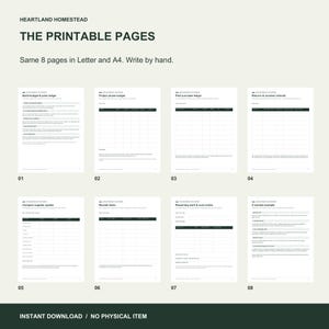 All eight printable pages, including supplier quotes, receipt index, returns and remaining work.