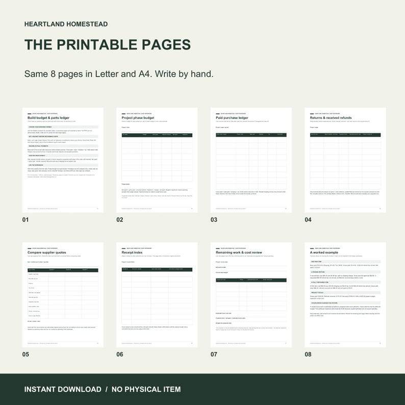 All eight printable pages, including supplier quotes, receipt index, returns and remaining work.
