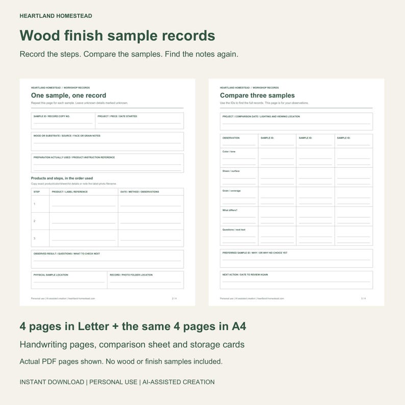 Wood finish sample records: actual handwriting record and comparison PDF pages. Letter and A4, four pages each.