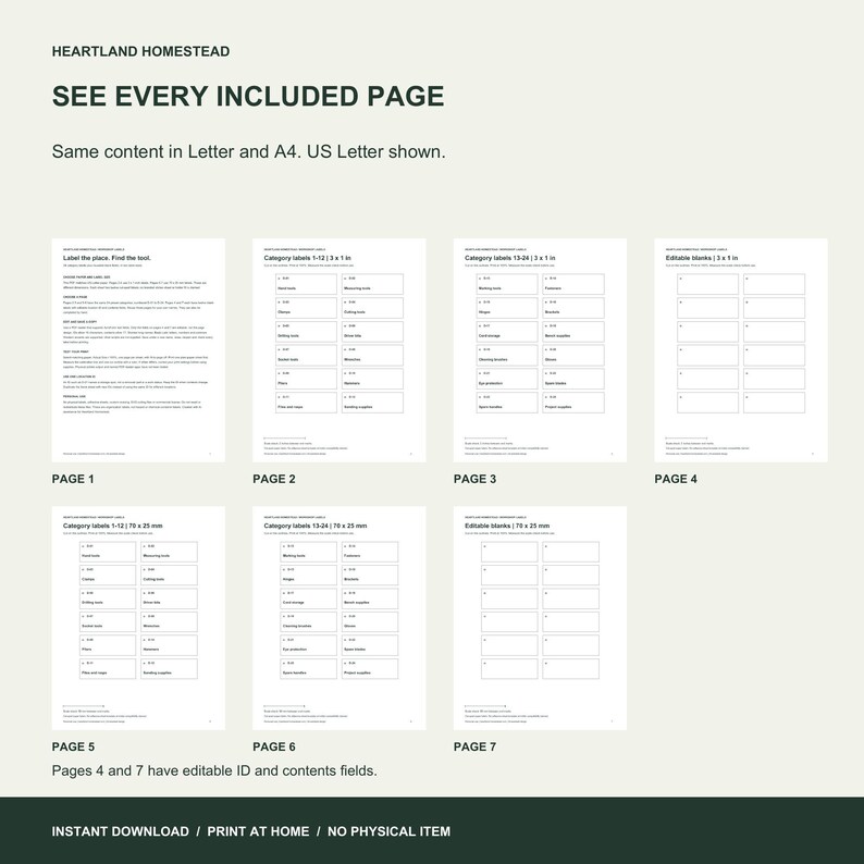 All seven included PDF pages. Instructions, 24 categories in each of two sizes and editable blank sheets on pages 4 and 7.