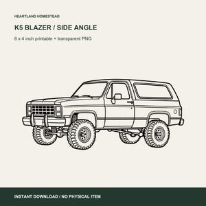 K5 Blazer Side-Angle Line Art, Transparent PNG and 6x4 Printable. Actual included artwork shown on a light background.