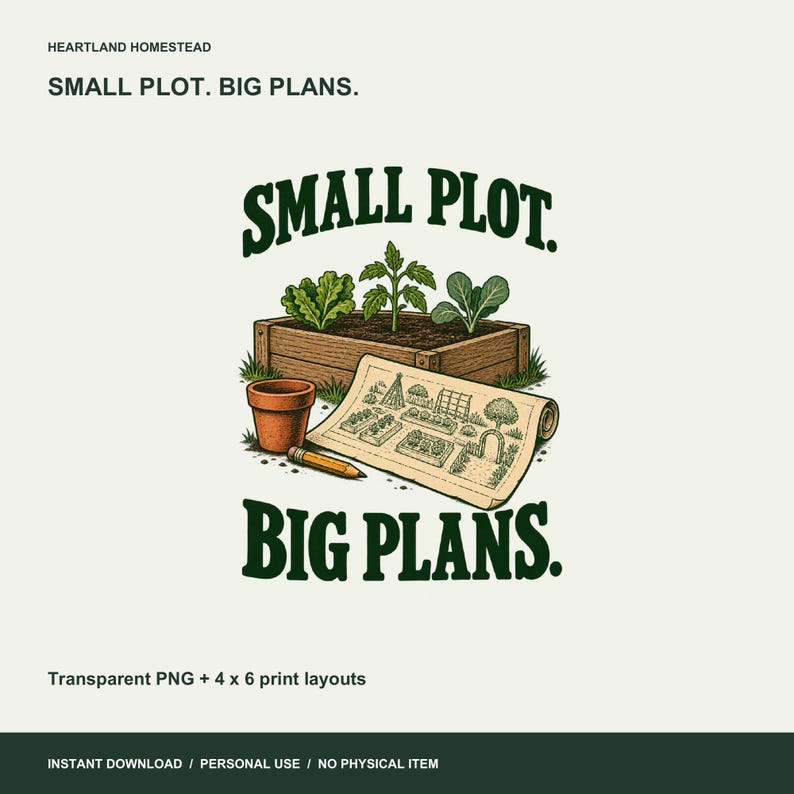 Small Plot. Big Plans. Garden illustration with a raised bed, three seedlings, a garden sketch, terracotta pot and pencil. Transparent PNG and small print layouts.