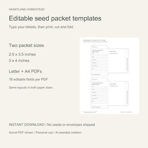 Editable seed packet PDF template with two small packets shown, instant download in Letter and A4, two packet sizes.