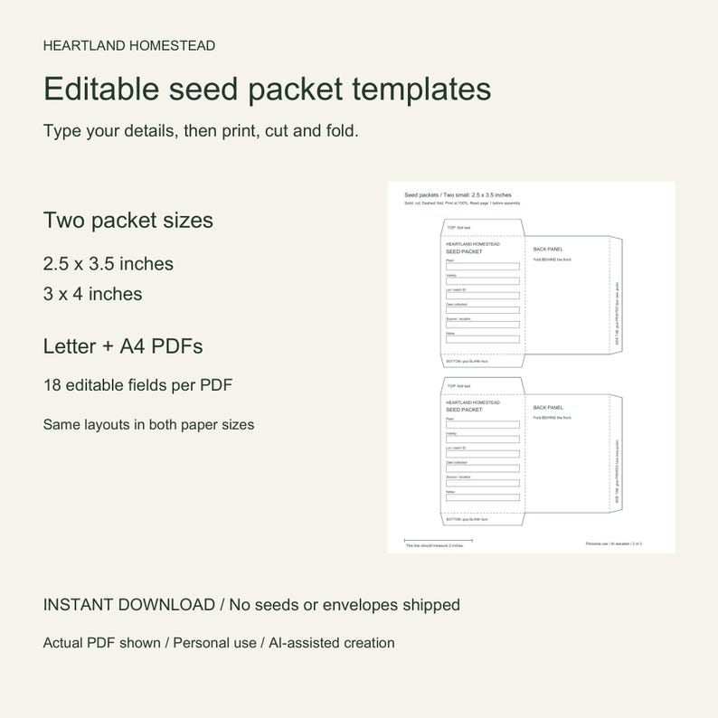 Editable seed packet PDF template with two small packets shown, instant download in Letter and A4, two packet sizes.