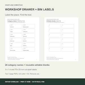 May include: A digital document titled Heartland Homestead Workshop Drawer + Bin Labels featuring two pages of printable labels. One page contains twelve category labels measuring 3 x 1 inches, and the second page contains twelve blank labels.