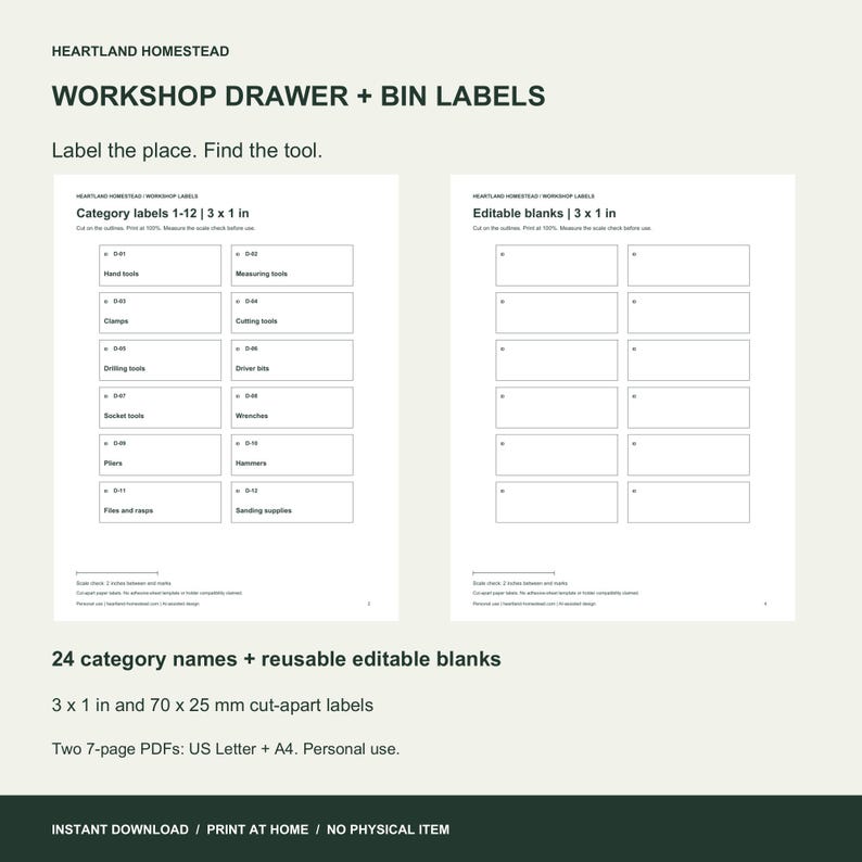 Actual preset and editable blank workshop label pages. 24 category names, two label sizes and two seven-page PDFs in Letter and A4.