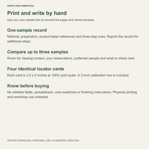 Contents and limits: handwriting pages, 3.5 by 2 inch cards, no finishing instructions or physical samples.