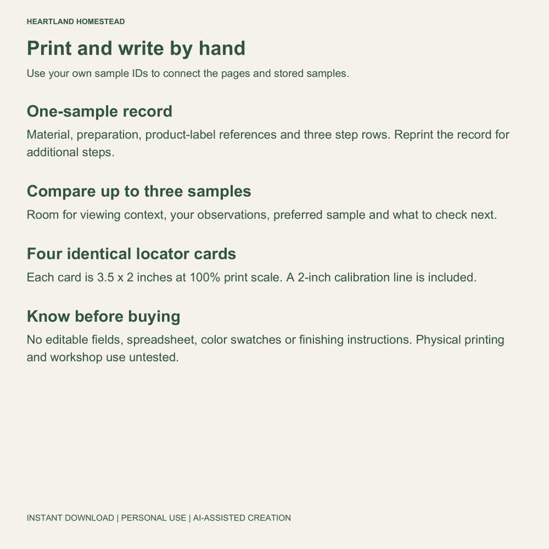 Contents and limits: handwriting pages, 3.5 by 2 inch cards, no finishing instructions or physical samples.