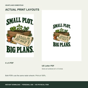 Actual 4 by 6 inch and US Letter PDF layouts. Both use the same garden design, with a 4 by 6 inch canvas.