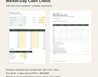 Market Day Cash Count Spreadsheet, Farm Stand Cash Reconciliation, USD XLSX with Printable Letter and A4 Worksheets