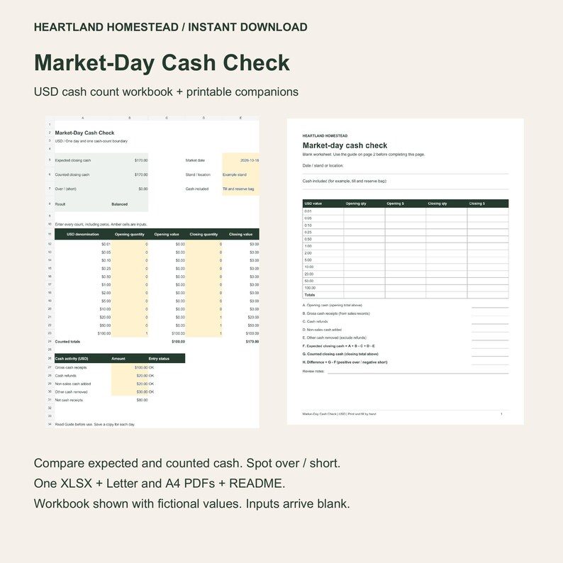 Market-Day Cash Check: USD workbook and handwriting PDF companions. Fictional completed example; customer fields blank.