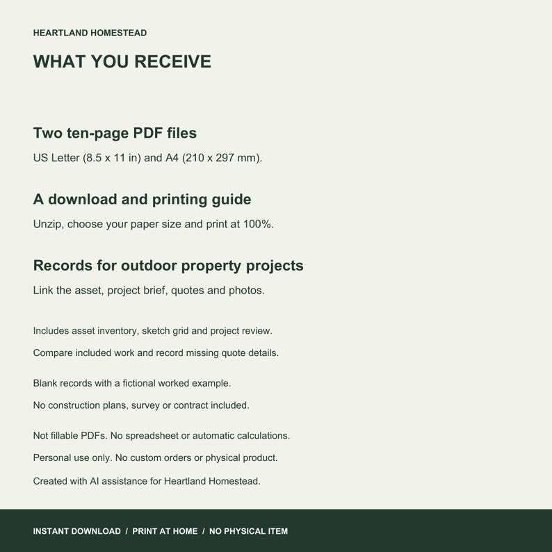 Two ten-page PDFs and guide. Handwriting records with fictional example. Personal use. No construction plans, survey or contract.