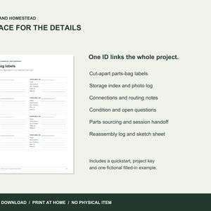 Eight cut-apart parts-bag labels and a list of the included project logs.