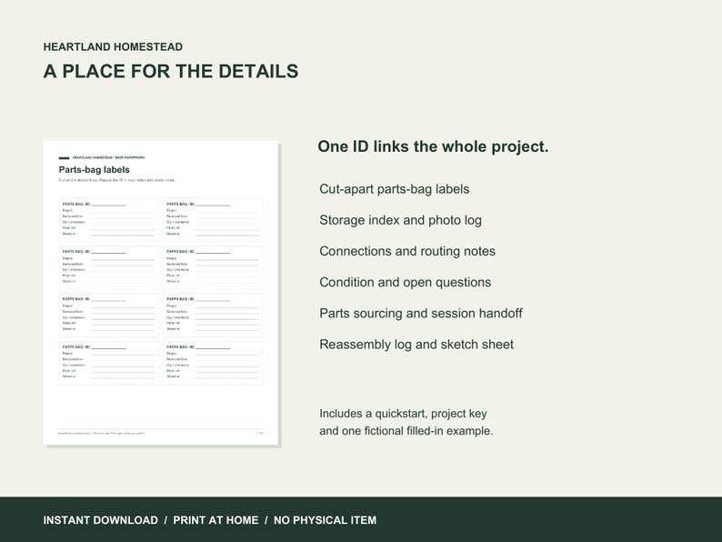 Eight cut-apart parts-bag labels and a list of the included project logs.