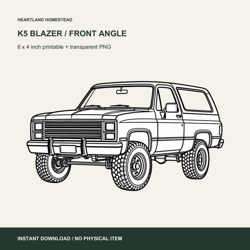 K5 Blazer Front-Angle Line Art, Transparent PNG and 6x4 Printable. Actual included artwork shown on a light background.