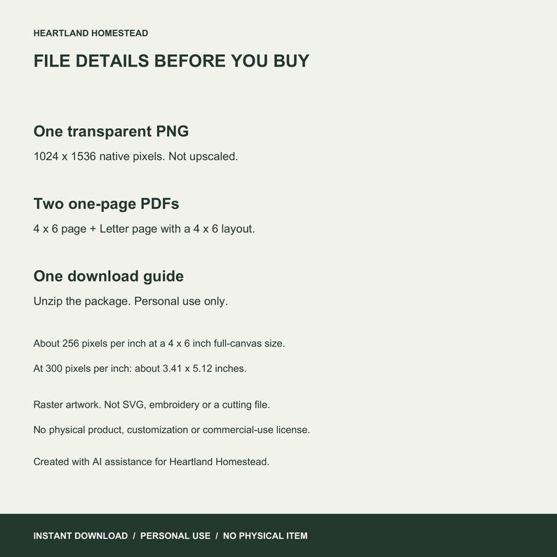 File details: native 1024 by 1536 transparent PNG, two PDF layouts and guide. Personal use only, no physical item, SVG or custom service. AI-assisted artwork.