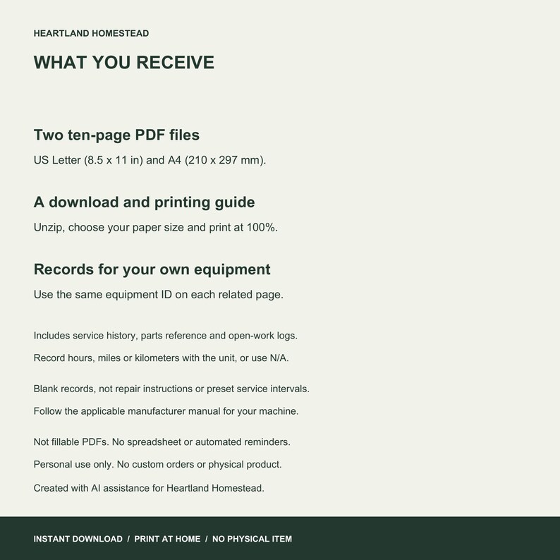 Download includes two ten-page PDFs and guide. Handwriting worksheets. Personal use. No repair instructions or preset intervals.