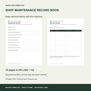 Actual equipment profile and service history pages from the printable maintenance record book. Ten pages in Letter and A4.