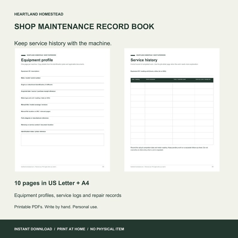 Actual equipment profile and service history pages from the printable maintenance record book. Ten pages in Letter and A4.