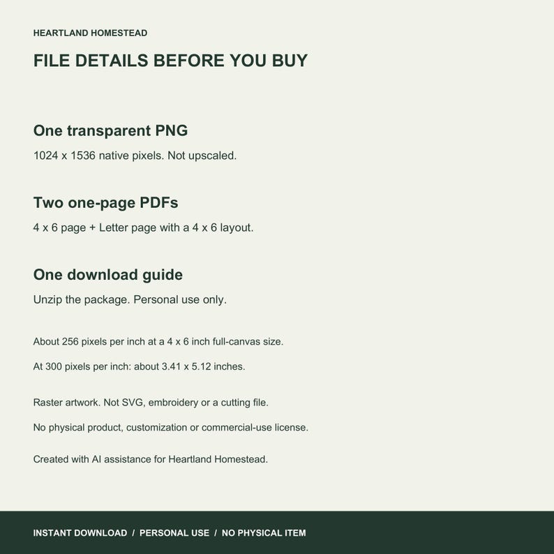 File details: native 1024 by 1536 transparent PNG, two PDF layouts and guide. Personal use, AI-assisted raster artwork, no physical item.
