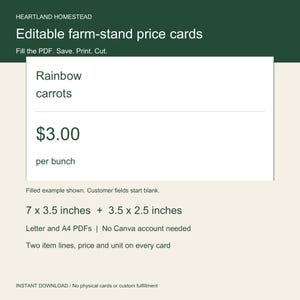 Editable farm stand price card with fictional filled example; blank customer fields, two card sizes, Letter and A4 PDF.