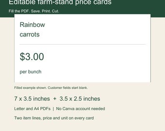Könnte beinhalten: Editierbare Preisschilder für den Hofladen mit dem Text Heartland Homestead, Rainbow carrots, 3,00 $ und per bunch. Die digitale Vorlage enthält Maße von 17,78 x 8,89 cm und 8,89 x 6,35 cm in Letter- und A4-PDF-Formaten.